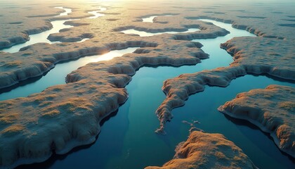 Aerial View Of A Stylized Landscape With Winding Rivers And Forested Islands At Sunrise
