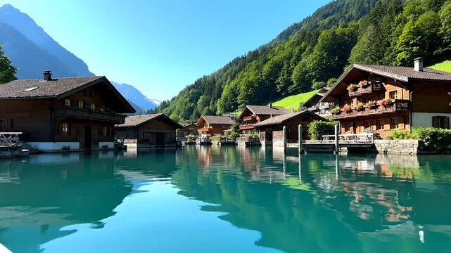 Turquoise Lake Brienz with Traditional Swiss Village in Summer, Scenic Alpine Waterfront 4K