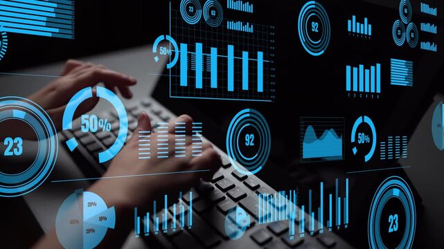 A close-up view showcasing hands on a keyboard with vivid graphs and charts floating in the air, illustrating the dynamic world of data analysis and visualization. Xenic