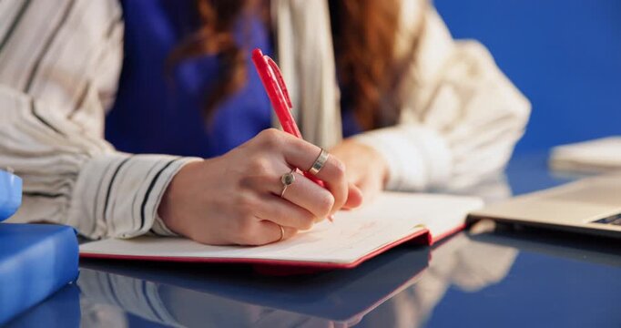Woman, hands or writing with book in office for schedule, planning or daily reminder. Closeup, female person or employee with notebook or diary for checklist, project idea or appointment in workplace