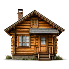 A small log cabin with a chimney and a porch isolated on white background