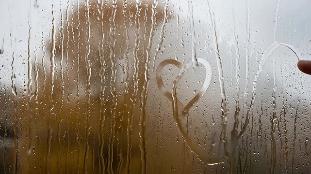 A hand gently draws a heart shape on a window covered in condensation, as numerous raindrops stream down the glass. The blurred outdoor background provides a soft, atmospheric backdrop to this intimat