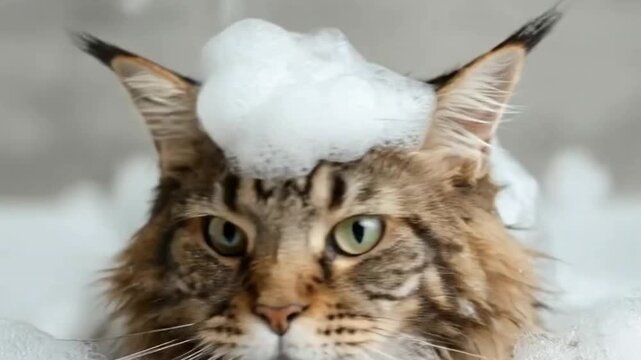 A captivating close-up showcases a fluffy domestic cat receiving a gentle bath, its head covered in a delightful crown of white soap bubbles. The cat's striking green eyes and distinctively tufted ear