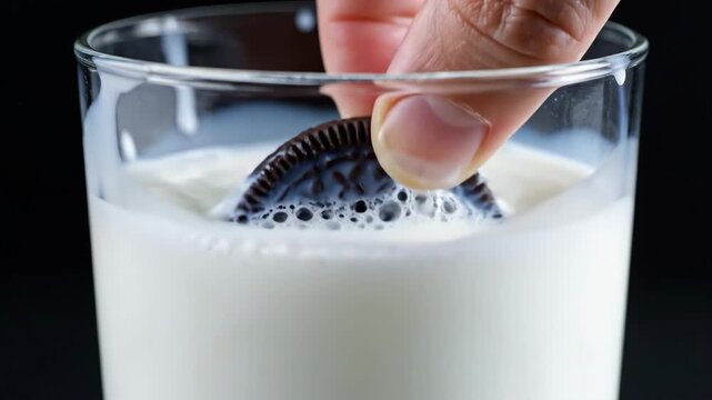 Hand dipping chocolate cookie into a glass of milk.