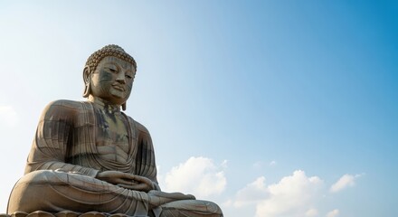 Obraz premium Majestic Tian Tan Buddha Statue Under a Bright Blue Sky.