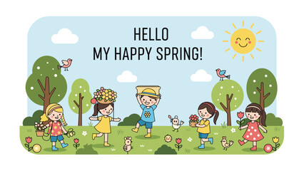 Obraz premium Group of cheerful children busy gardening and picking flowers in a sun-drenched spring meadow with birds singing.
