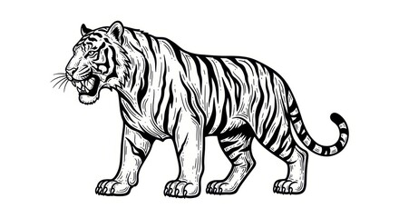 Fototapeta premium Majestic Tiger Illustration - A Striking Black and White Wildlife Portrait.