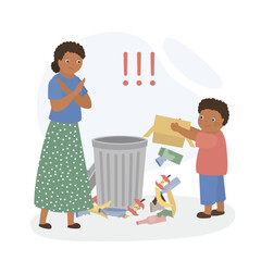 Bully boy littering. Bad habit. Child throws trash on the floor instead of in trash can. Mom encourages child to stop littering and condemnation negative behavior.