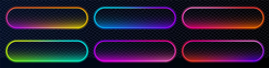 Rounded neon buttons with bright border, gradient glow and clean stroke. Perfect for neon action call labels, buy banners, website UI kits and mobile app interface design.
