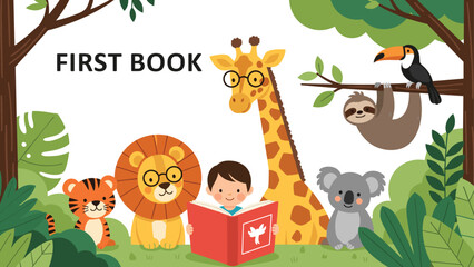 Fototapeta premium Young boy reading a book in the jungle surrounded by friendly wild animals like a lion, giraffe, and orange tiger.