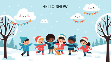 Naklejka premium Happy group of diverse children playing and dancing in a snowy winter landscape with a cute dog and fluffy clouds.