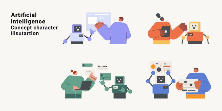 Artificial intelligence character set with human and AI robot collaboration, machine learning and technology interaction. Flat design vector illustration collection for AI concepts.
