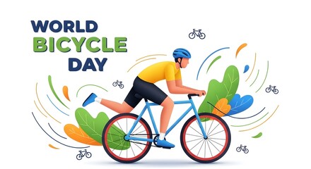 Fototapeta premium World bicycle day banner with athletic male cyclist riding fast on blue bike surrounded by colorful abstract floral shapes and small bike icons representing healthy lifestyle and active sport