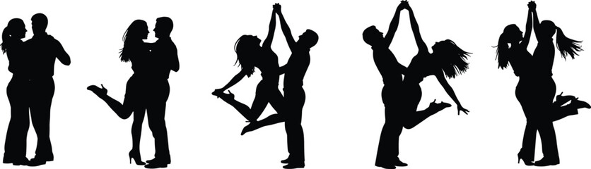 Romantic couple dancing silhouette collection, ballroom dance partners set, salsa and tango performers, loving man and woman in elegant poses.