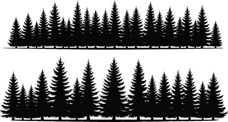 Spruce forest silhouette collection, evergreen pine tree woodland landscape, coniferous forest line background, nature wilderness outdoor scene, vector black tree set. © Sahariya