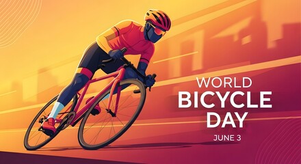 Obraz premium Dynamic professional road cyclist in red jersey leaning into turn at sunset with motion blur background for world bicycle day june 3rd representing high speed racing and athletic endurance
