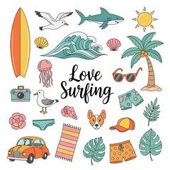 Summer Surfing Doodle Illustration Set with Beach Elements and Ocean Icons