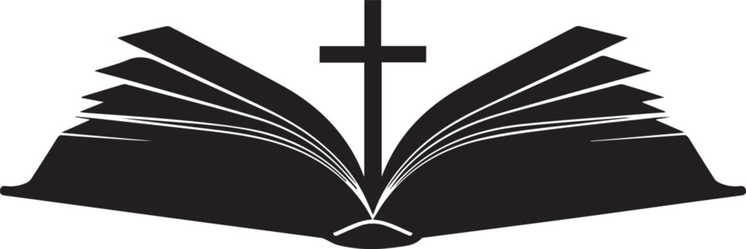 Open bible book with christian cross symbol silhouette vector illustration line art