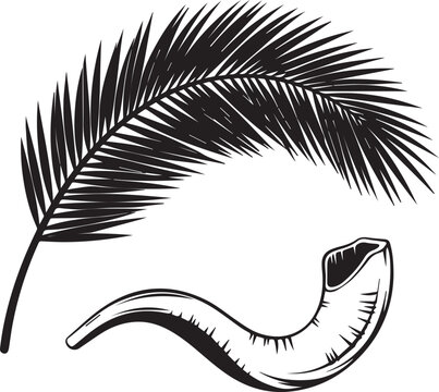 Palm leaf and shofar vector illustration, religious symbols, ancient artifact, festive