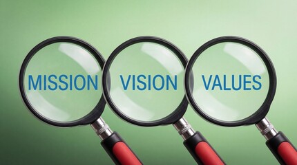 Magnifying glasses reveal mission vision values on green background