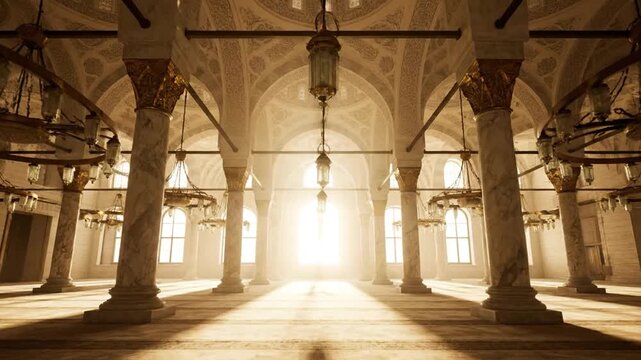 Majestic interior of a historic building with columns and arches viewed from a central perspective