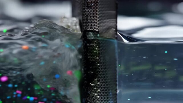 Macro view of dirty water with colorful microplastics passing through black mesh filter becoming clean