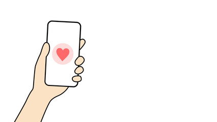 スマートフォンを持つ手とハートアイコンのイラスト
