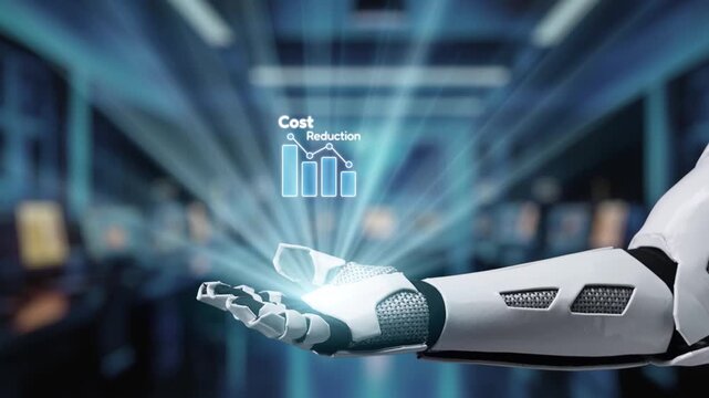 A futuristic robot hand showcases holographic icons emphasizing cost reduction and efficiency improvement, representing innovation and growth in modern business environments. Auvana