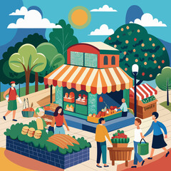 Farmers Market Outdoor Grocery Stall Vector Illustration