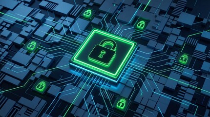 Secure digital network with glowing green padlock on circuit board