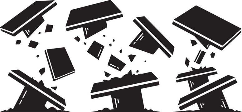 Monitors and computers crashing and breaking into pieces violently