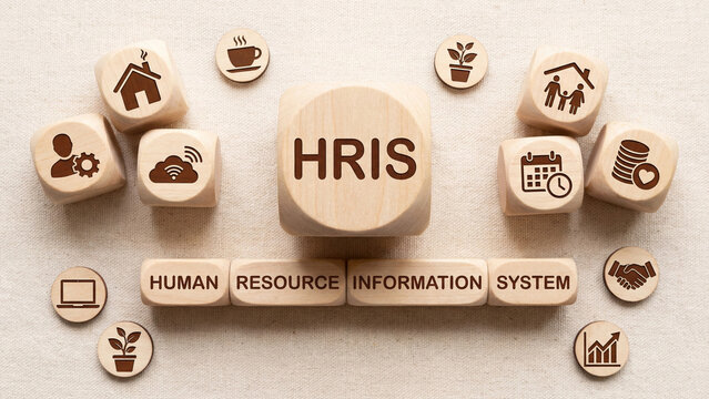 HRIS Human Resource Information System concept wooden dice blocks with employee cloud payroll calendar analytics and management icons for HR digital platform and workforce management