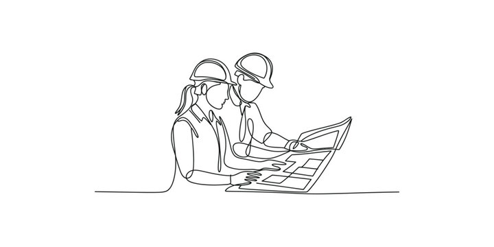 Continuous line drawing of two construction workers or engineers reviewing a blueprint together