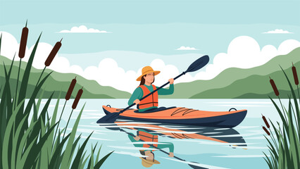 Fototapeta premium Young woman in a life vest and hat paddling an orange kayak on a serene lake with beautiful mountain and reed scenery.