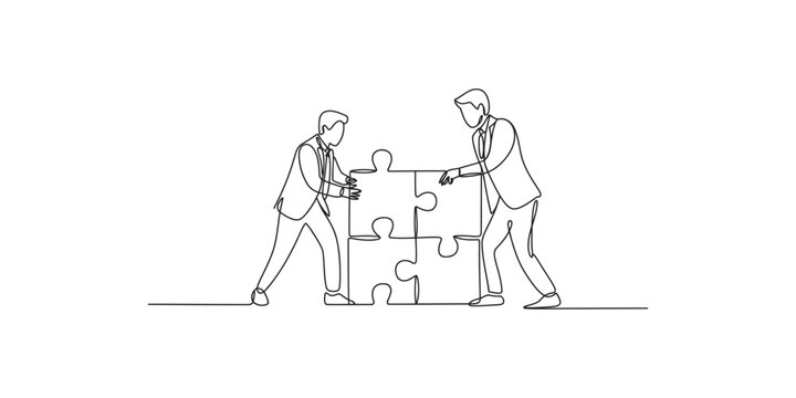 Two businessmen in a continuous line drawing collaborate to connect a puzzle piece.