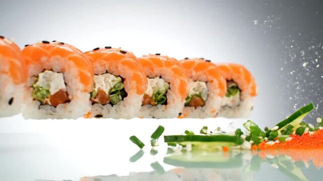 Sushi rolls with salmon and vegetables being sprinkled with sesame seeds on a reflective surface from a close-up viewpoint