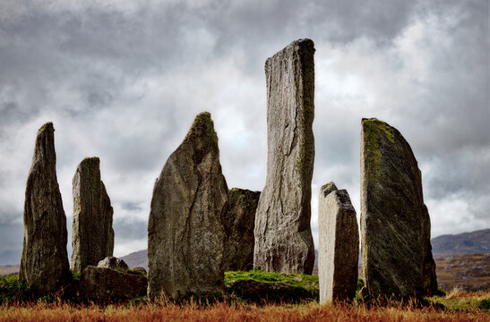 Tursachan prehistoric Neolithic stones at Callanish, Isle of Lewis, Scotland. aka Callanish I. The tall central monolith and part of the core circle