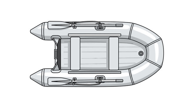 Overhead view of a white inflatable rubber dinghy with oars and bench seats designed for water rescue fishing or leisure activities on water.