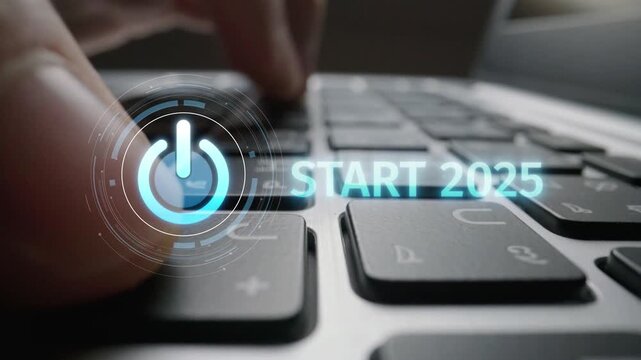Start 2025 concept with futuristic power button symbolizing fresh beginnings, innovation, and digital transformation. Start 2025, new goals, and start 2025 initiative. Muxer