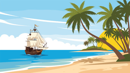 Naklejka premium Traditional wooden sailing ship navigating near a tropical island beach with palm trees and a bright yellow sun.