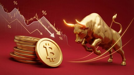 Golden bull charging at bitcoin coins with declining market graph
