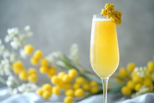 An elegant French mimosa cocktail elegantly displayed for Mother's Day brunch promotions, ideal for restaurant menus, champagne ads, and event planning.