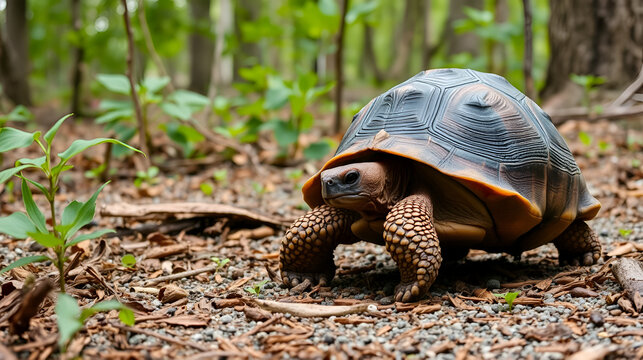 A gopher tortoise (Gopherus polyphemus), a native Florida turtle species, walking in the woods in Sarasota, Florida