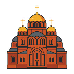 Orthodox cathedral with golden domes and red brick facade. Illustration. Object isolated on white background.