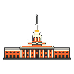 Historic government palace with central tower and long symmetrical facade. Illustration. Object isolated on white background.