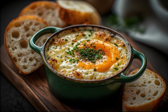 oeufs en cocotte in a ramekin served with toasted bread slices