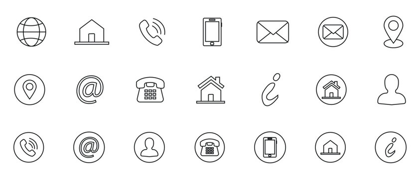 Contact icon set.  Containing contact information, name, address, phone, e-mail, location, website, telephone, mail and more.  Contact symbol design template.