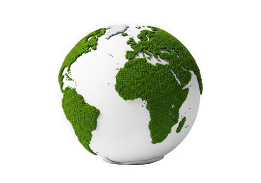 Green earth globe with moss covered continents on transparent background