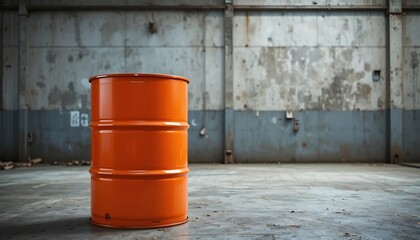 Naklejka premium Abandoned orange industrial barrel in a weathered storage facility. 55 gallon