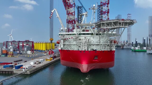 Rotterdam, Netherlands. Drone flight over industrial area with cargo ports, containers and a semi-submersible ship, heavy lifting crane. Machines designed for work at sea